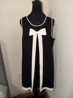 CeCe Black Shift Mini Dress with White Bow and Trim